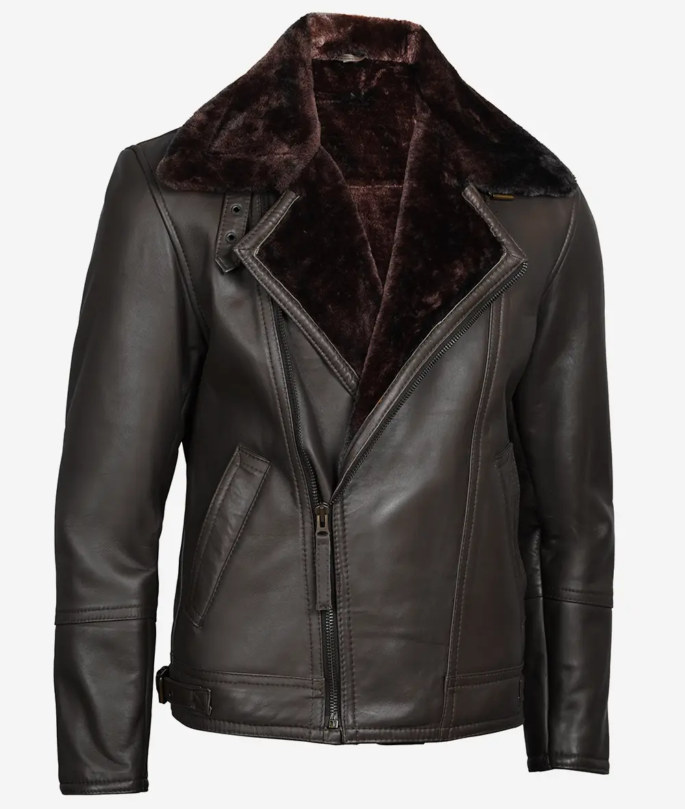 Men's Dark Brown Shearling Leather Moto Jacket - Asymmetrical  Shearling Lining