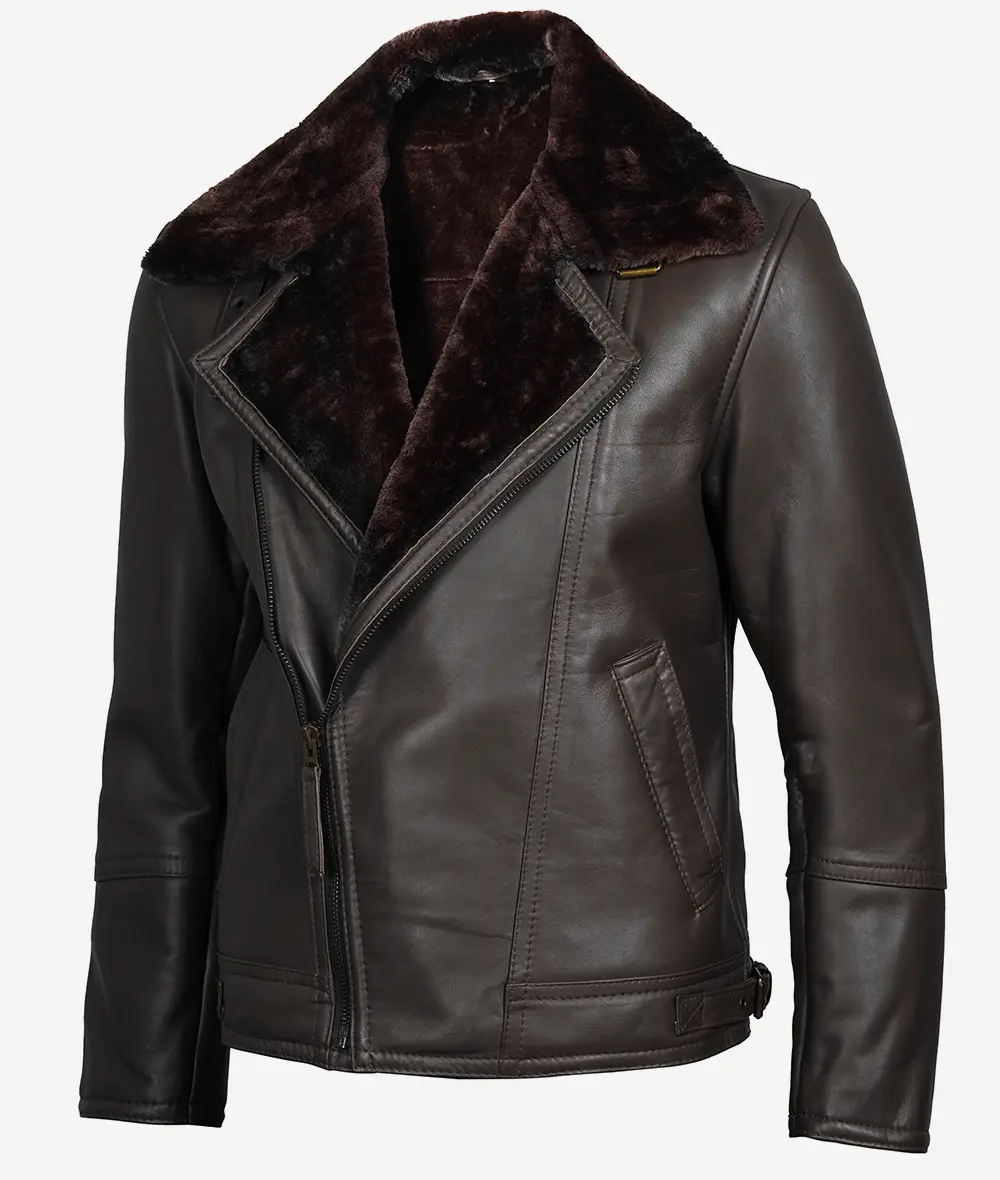 Men's Dark Brown Shearling Leather Moto Jacket - Asymmetrical  Shearling Lining