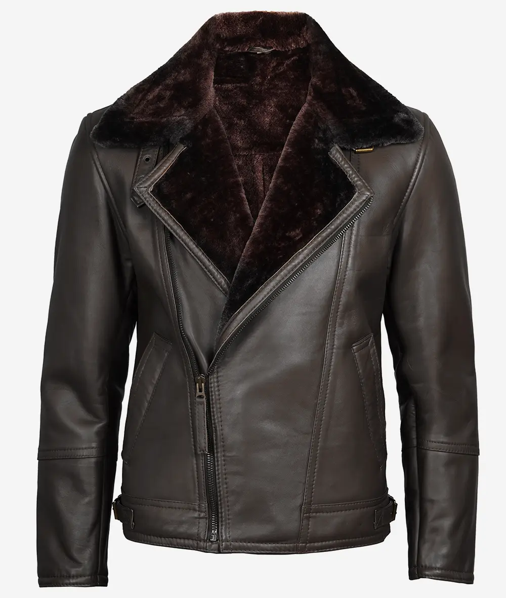 Men's Dark Brown Shearling Leather Moto Jacket - Asymmetrical  Shearling Lining