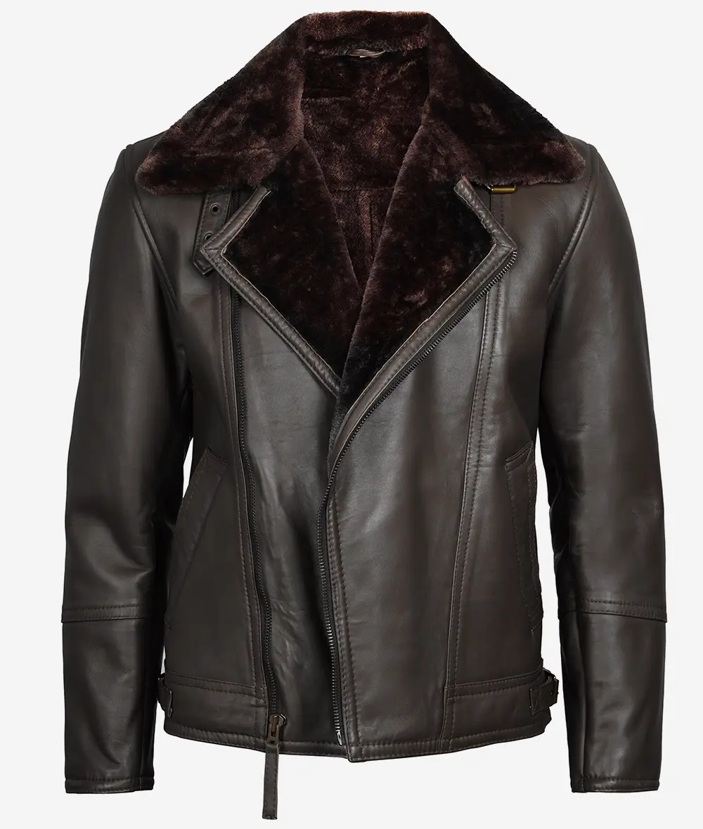 Men's Dark Brown Shearling Leather Moto Jacket - Asymmetrical  Shearling Lining