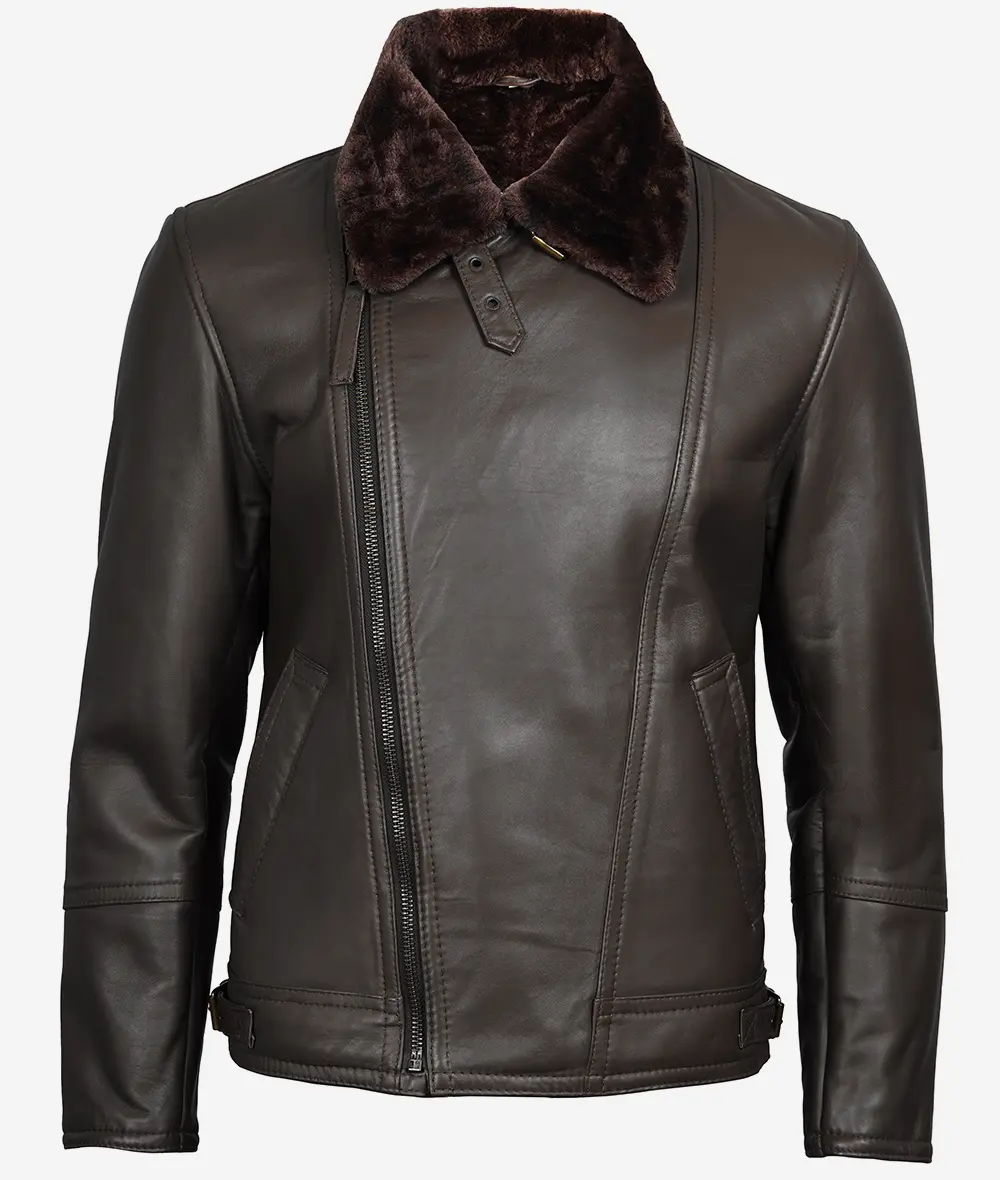 Men's Dark Brown Shearling Leather Moto Jacket - Asymmetrical  Shearling Lining