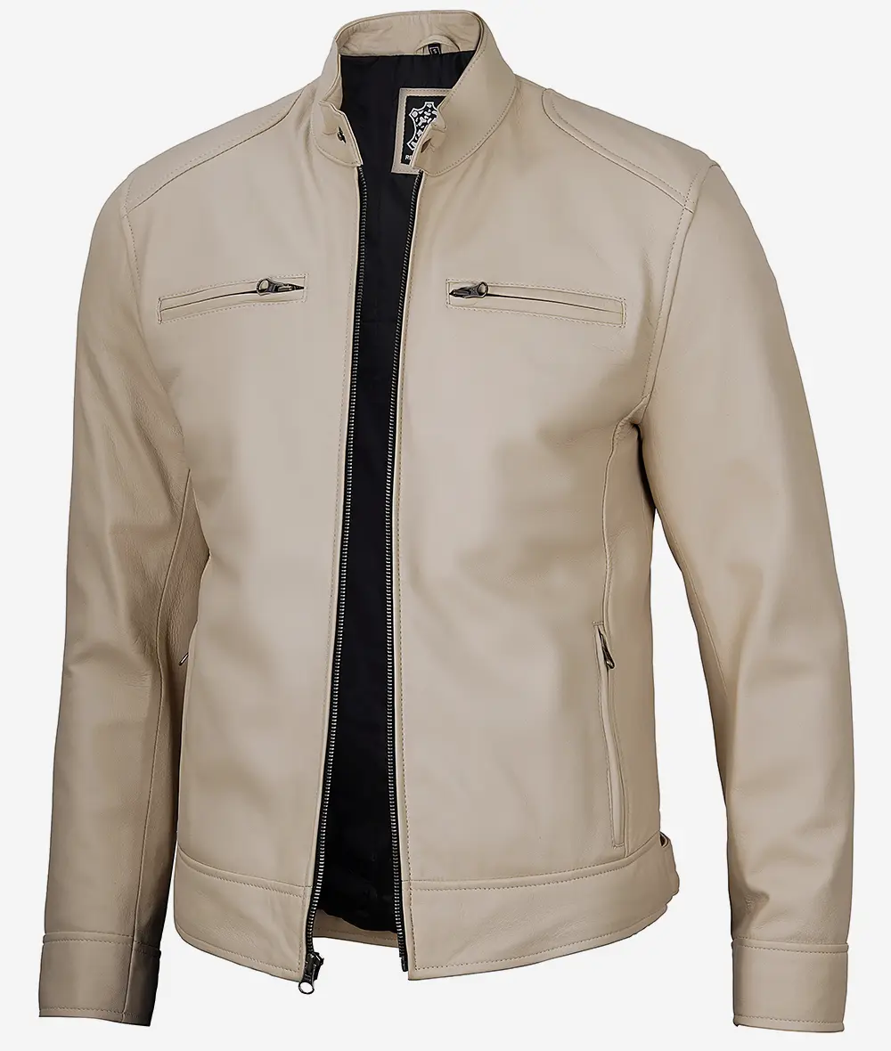 Mens Beige Biker Leather Jacket