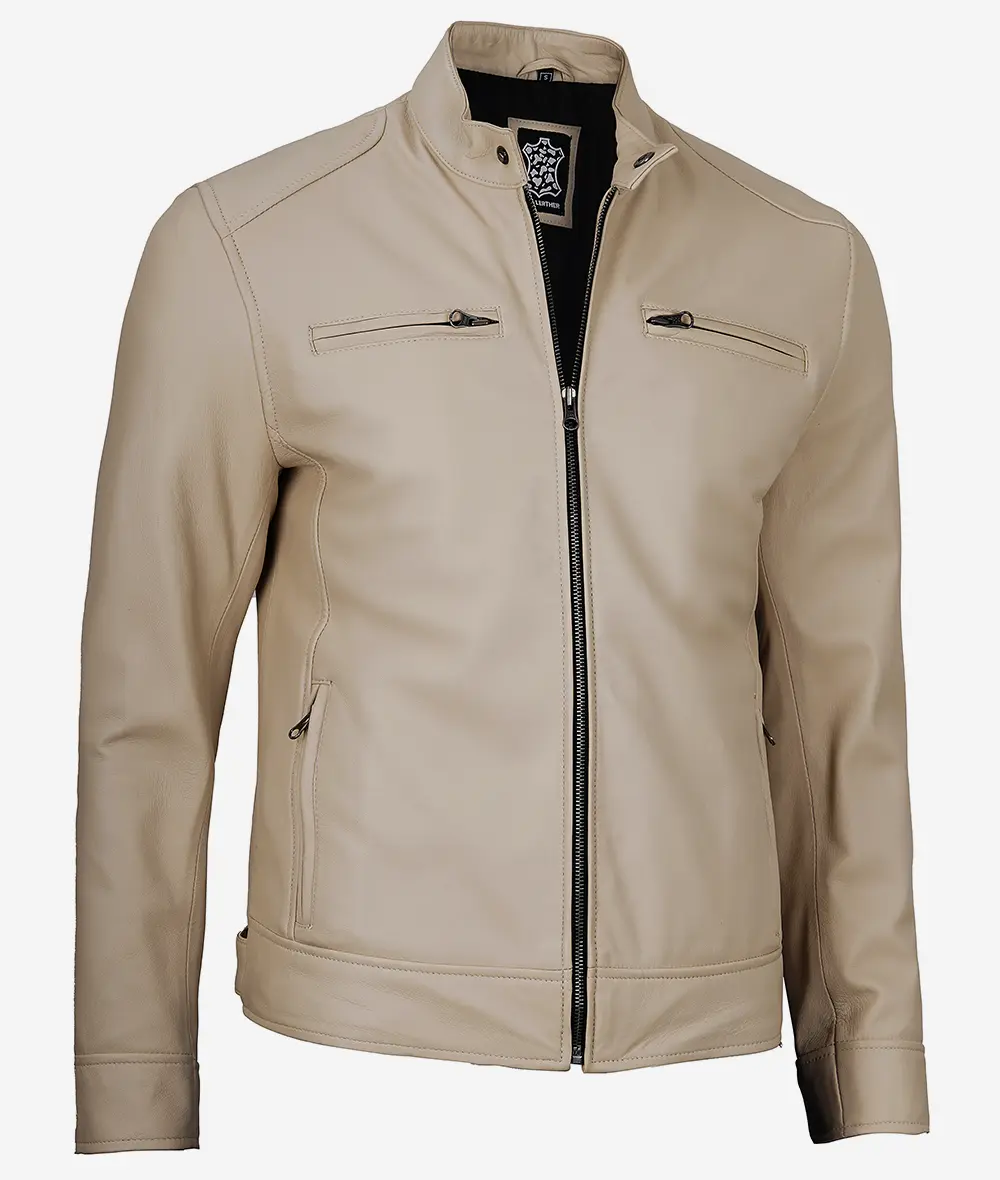 Mens Beige Biker Leather Jacket