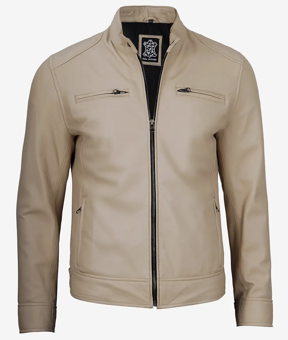 Mens Beige Biker Leather Jacket