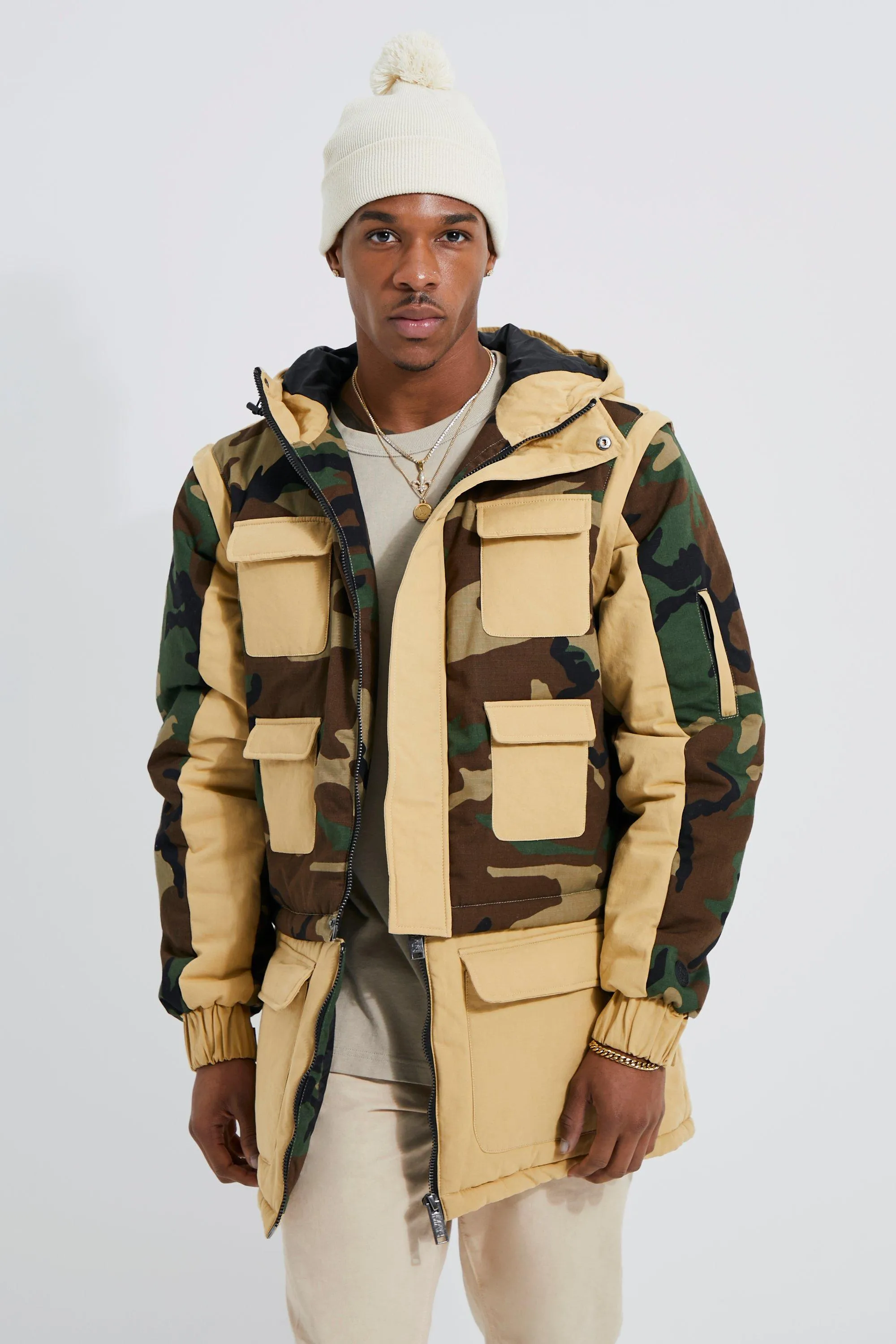 Multi Functional Zip Camo Colourblock Parka | boohooMAN UK