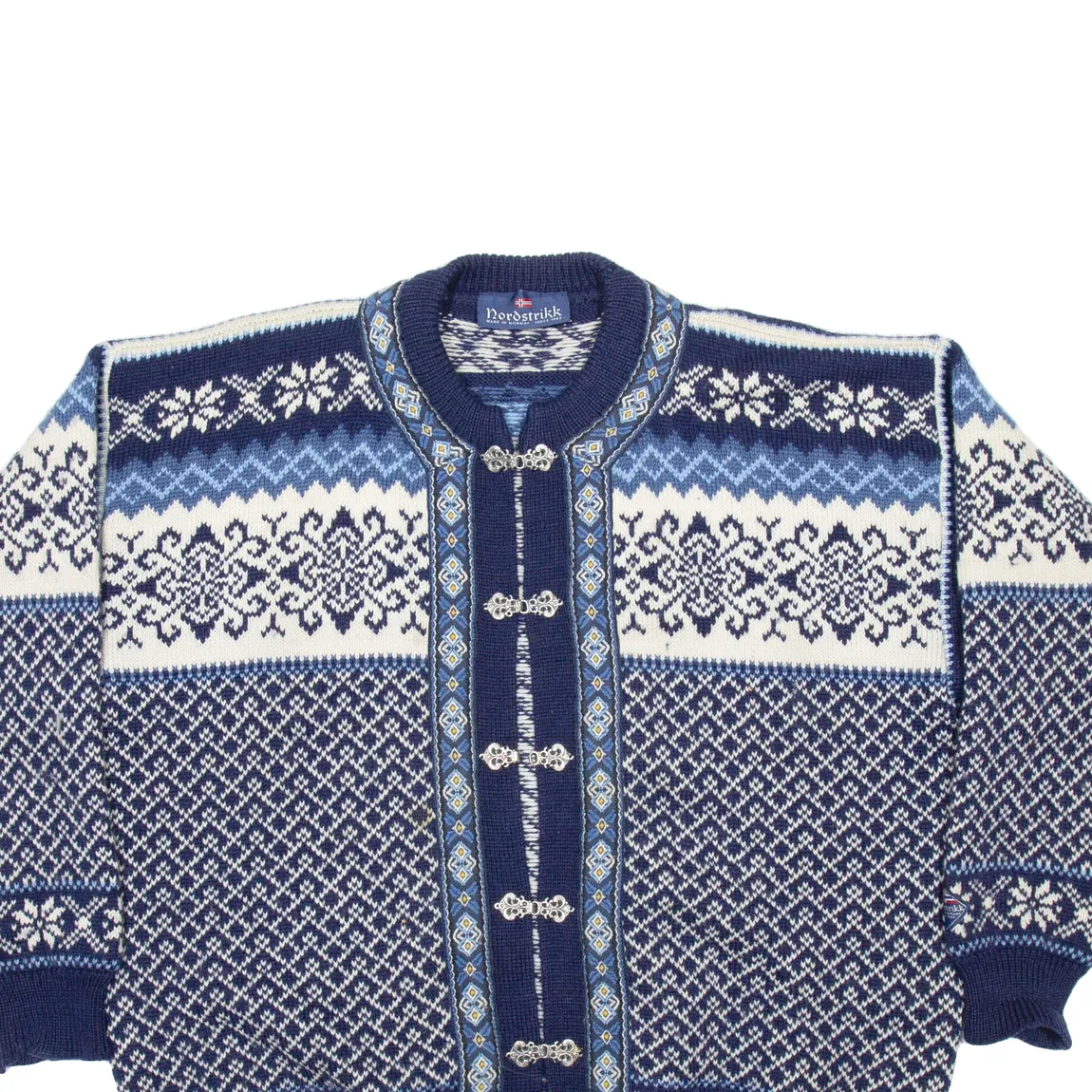 NORDSTRIKK Womens Icelandic Cardigan Blue Crazy Pattern Button Neck Wool XL