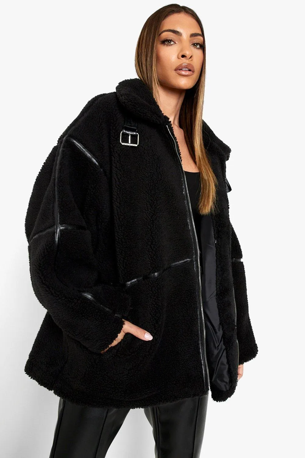 Oversized Buckle Detail Teddy Coat