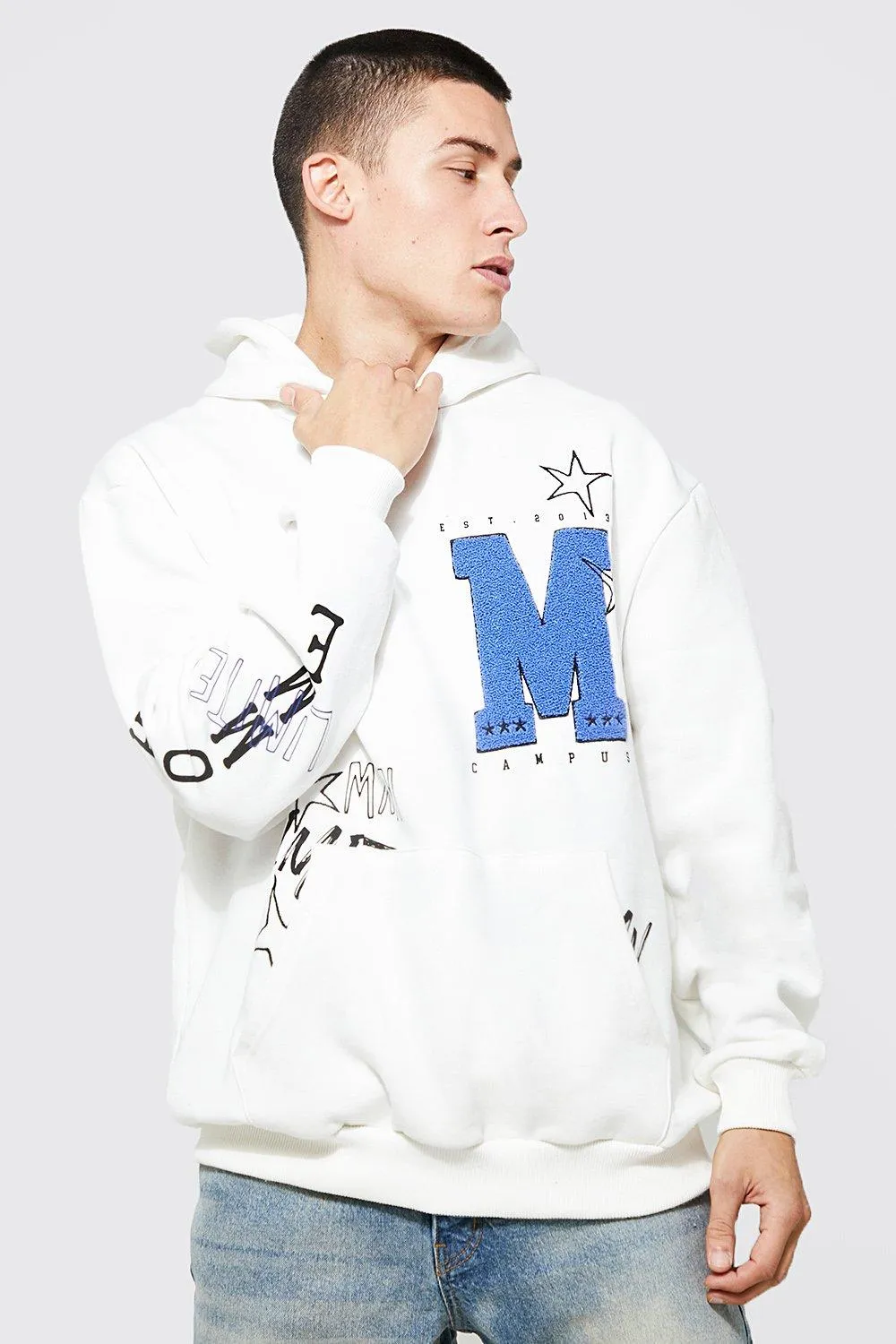 Oversized Homme M Applique Hoodie | boohooMAN UK