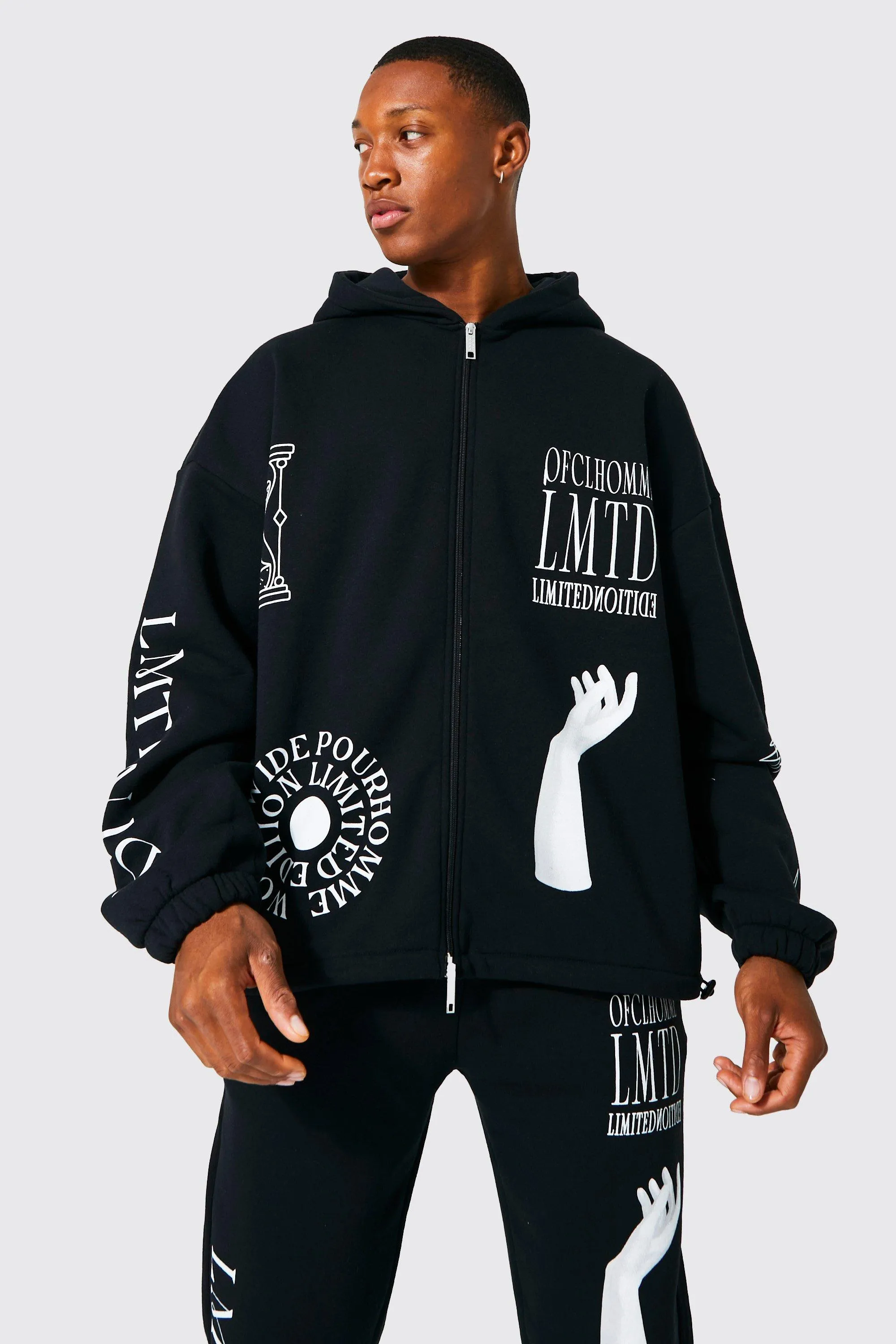 Oversized Multi Graphic Zip Through Hoodie