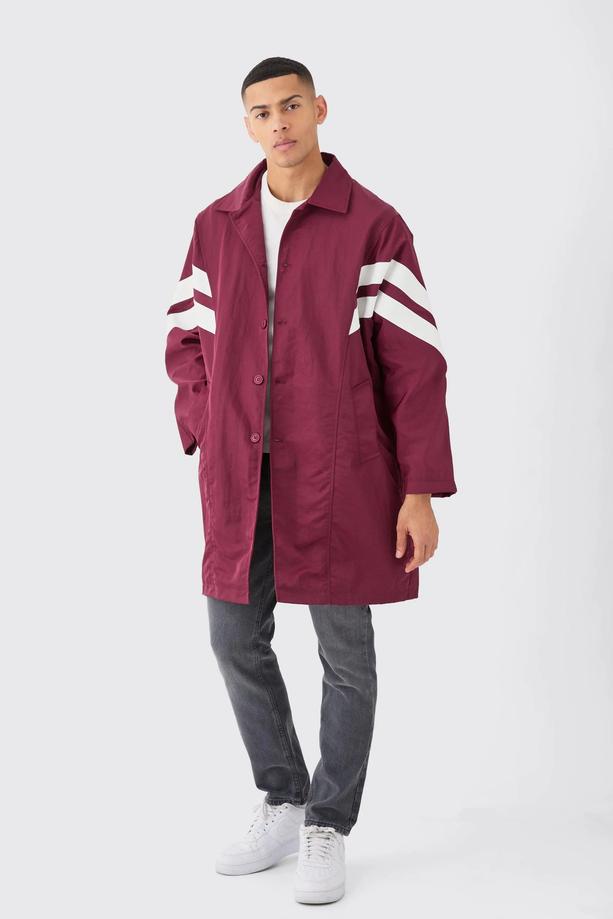 Oversized Nylon Mac With Pu Stripes | boohooMAN UK