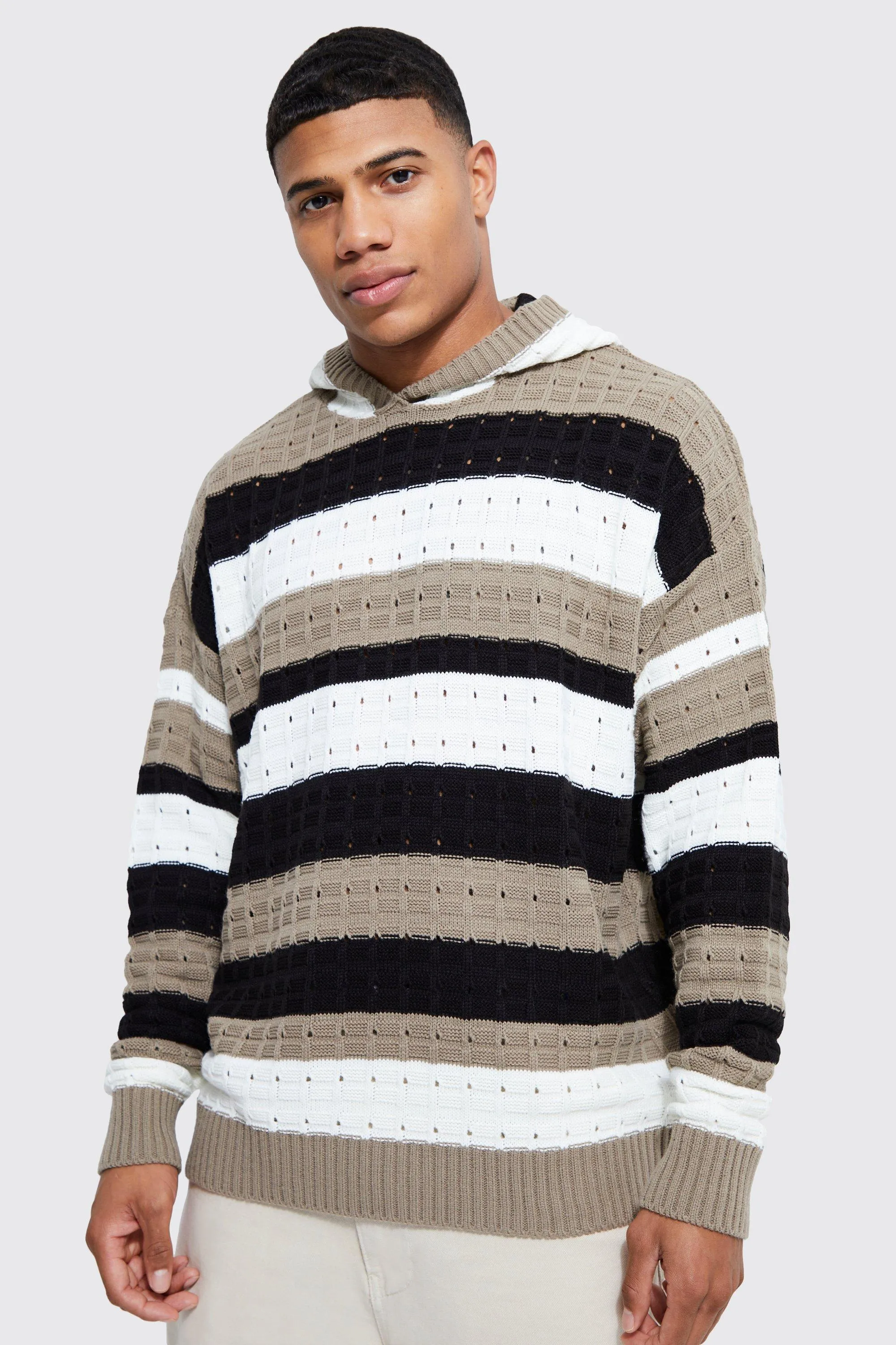 Oversized Open Stitch Stripe Hoodie | boohooMAN UK