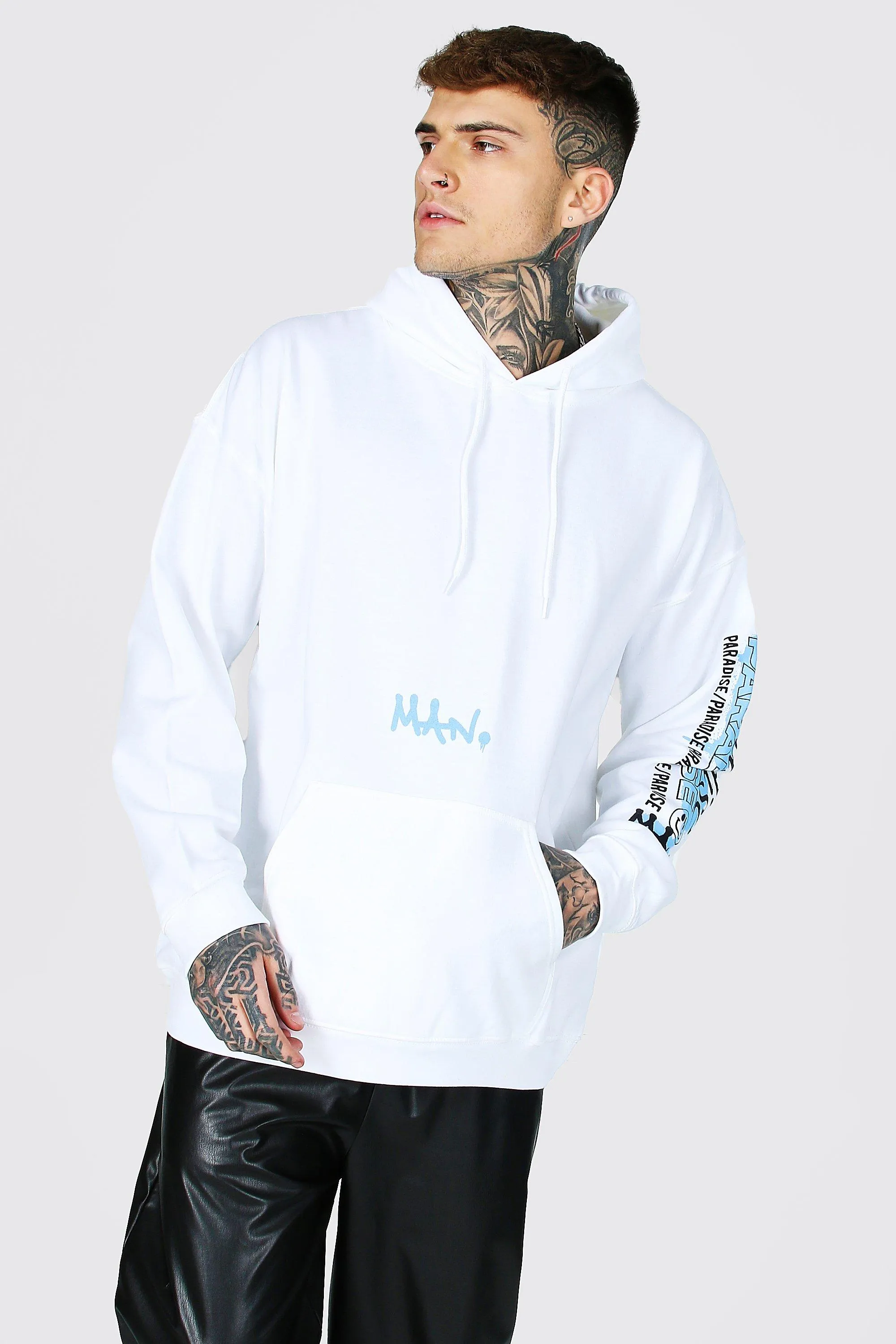 Oversized Paradise Sleeve Print Hoodie | boohooMAN UK