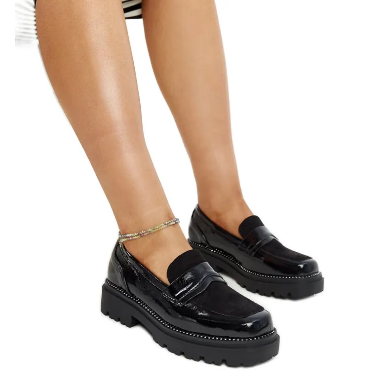 Patent square toe moccasins black