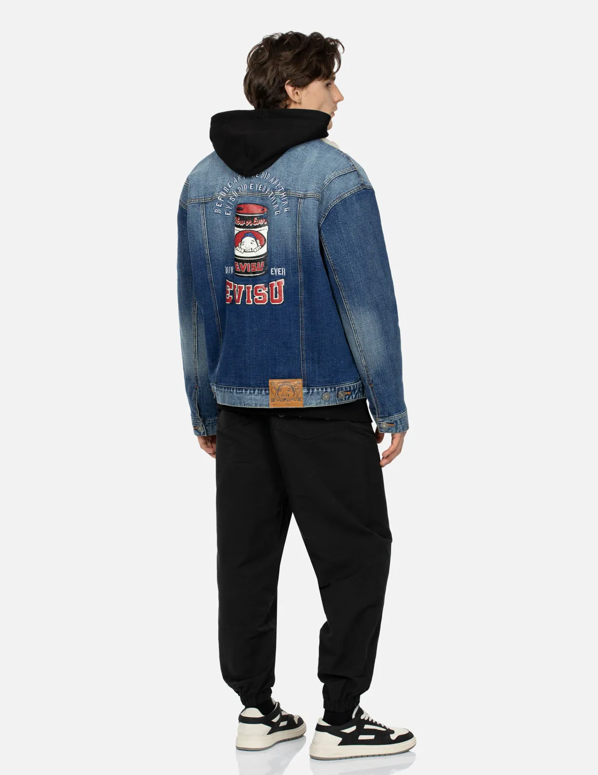 Peeping Godhead and Oil Drum Print Loose Fit Sherpa Denim Jacket