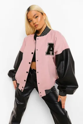 Petite Pu Sleeve Oversized Varsity Jacket