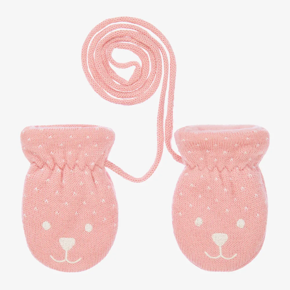 Pink Bear Wool Baby Mittens