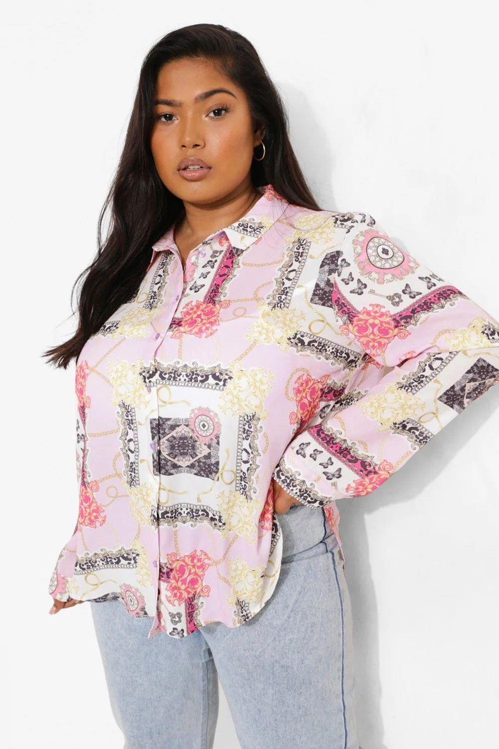 Plus Scarf Print Oversized Shirt