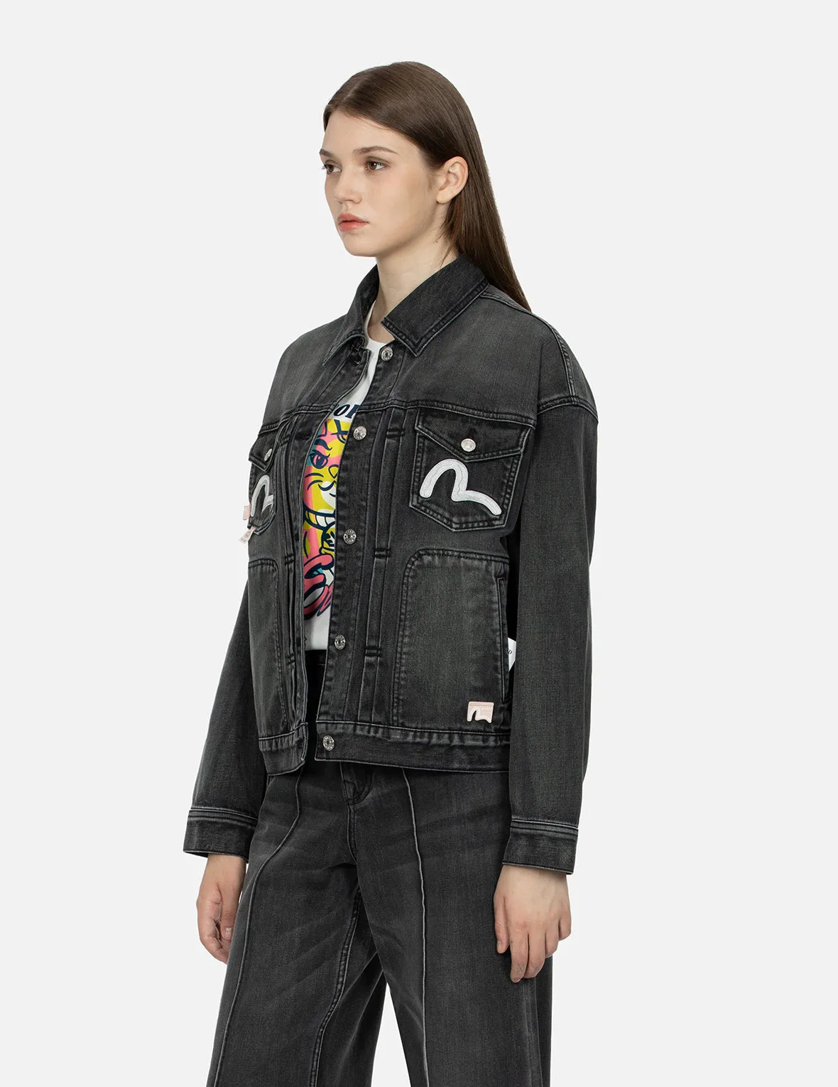 Seagull Embroidery with Logo-pattern Panelled Fashion Fit Denim Jacket