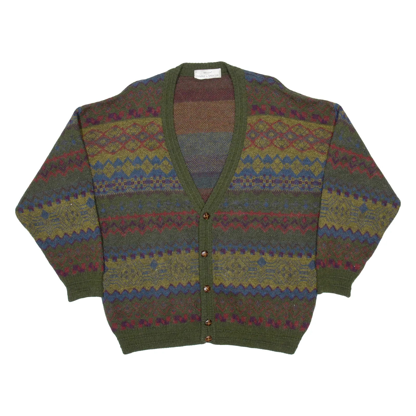 ST MICHAELS Mens Patterned Cardigan Green Fair Isle V-Neck Chunky Knit XL