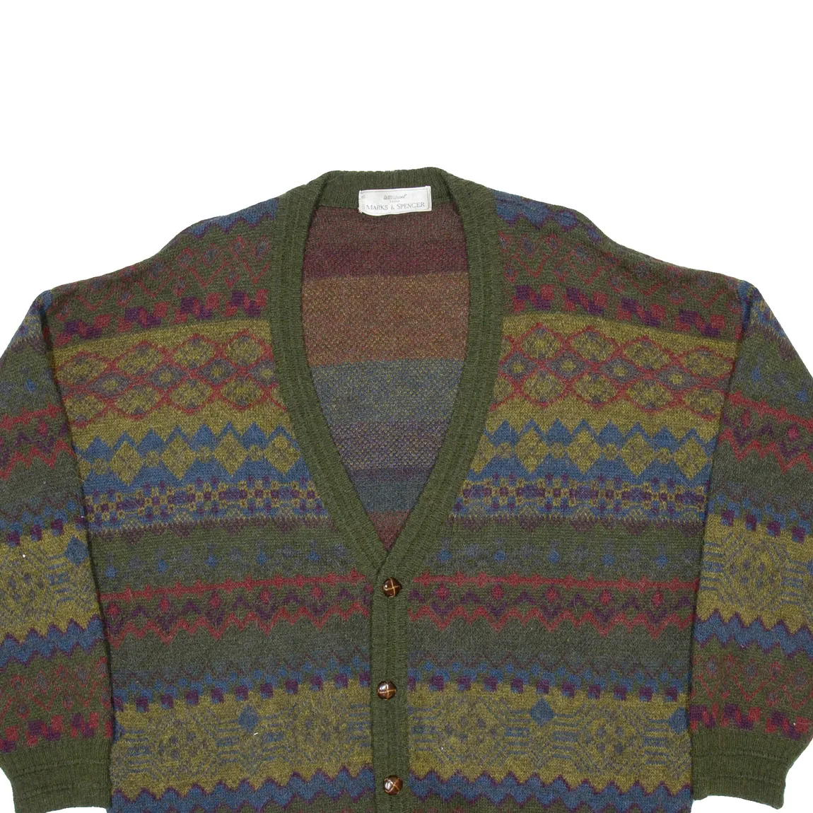 ST MICHAELS Mens Patterned Cardigan Green Fair Isle V-Neck Chunky Knit XL