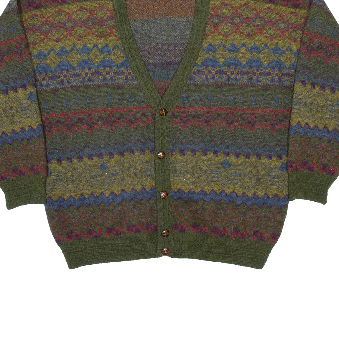 ST MICHAELS Mens Patterned Cardigan Green Fair Isle V-Neck Chunky Knit XL