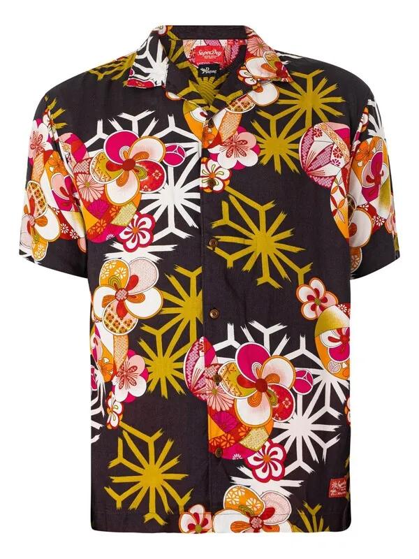 Superdry Hawaiian Resort Short Sleeved Shirt - Asanoha Black