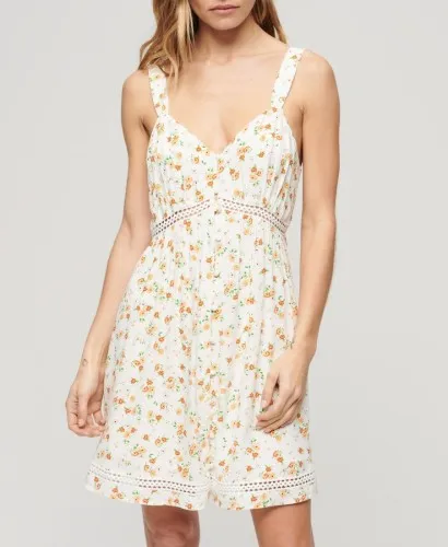 Superdry Lace Trim V-Neck Cami Dress White Ditsy Floral