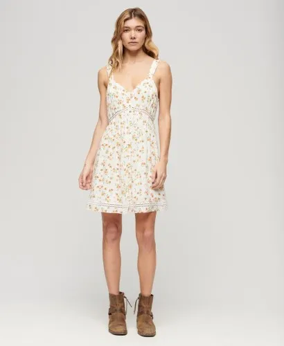 Superdry Lace Trim V-Neck Cami Dress White Ditsy Floral