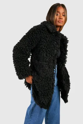 Textured Collared Faux Fur Coat