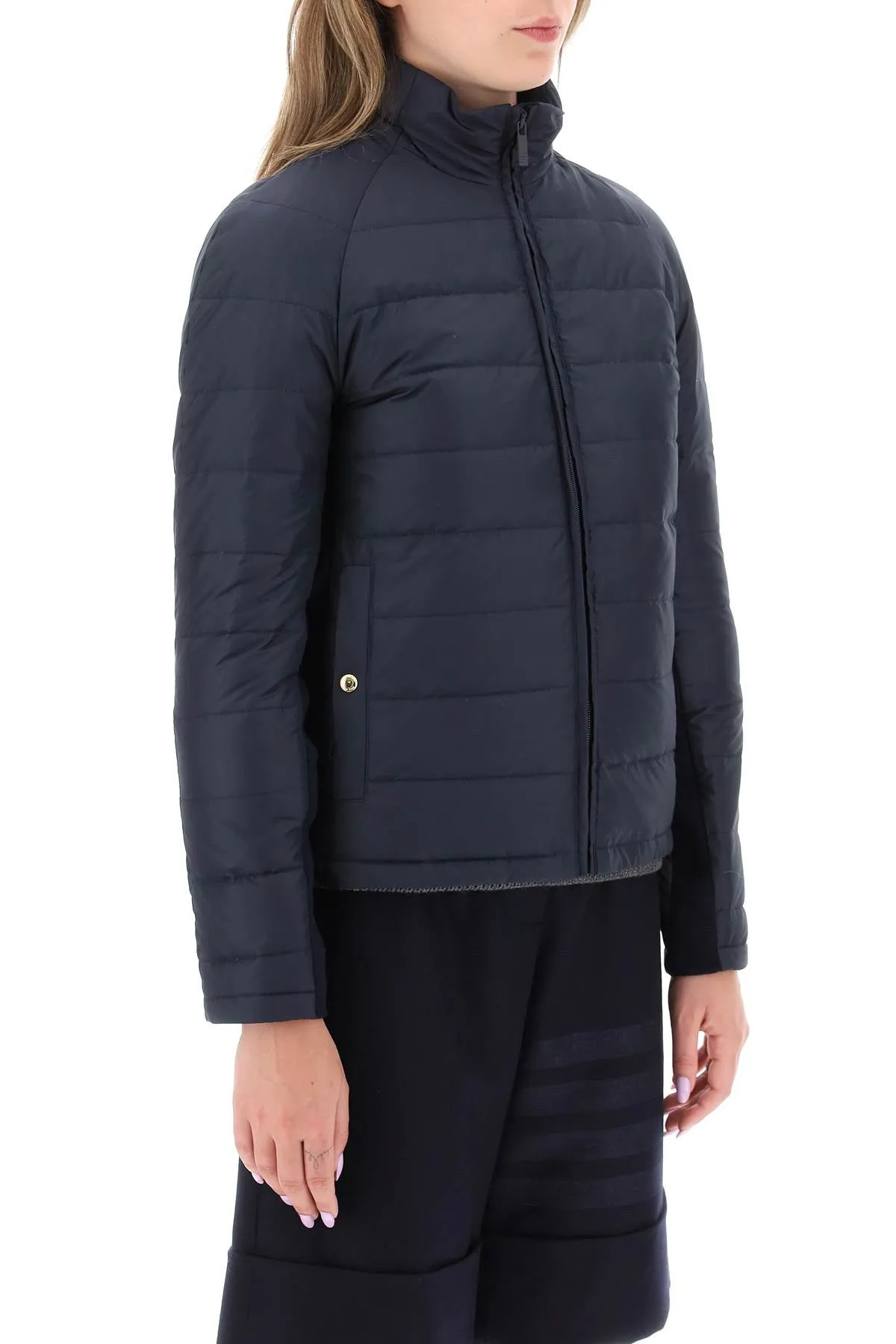 THOM BROWNE Quilted Puffer Jacket with 4-Bar Insert in Blue for Women - FW23 Collection