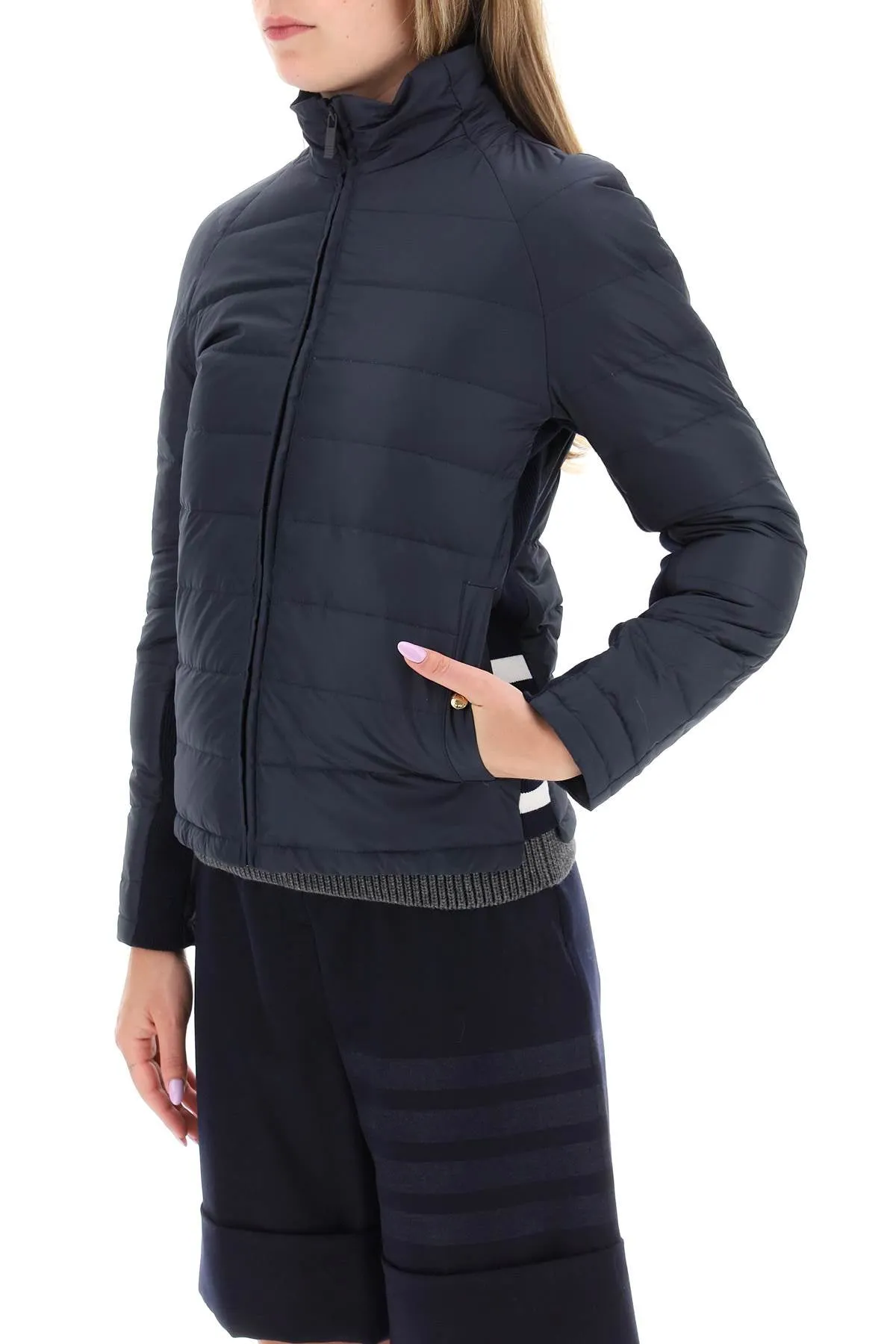 THOM BROWNE Quilted Puffer Jacket with 4-Bar Insert in Blue for Women - FW23 Collection