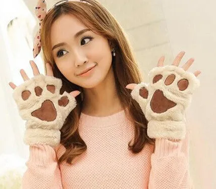 Unique Cute Soft Warm Paw Gloves Fingerless Fluffy Bear Plush Paw WOMEN ACCESSORIES SM6