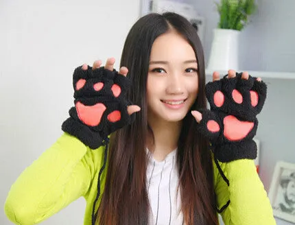 Unique Cute Soft Warm Paw Gloves Fingerless Fluffy Bear Plush Paw WOMEN ACCESSORIES SM6