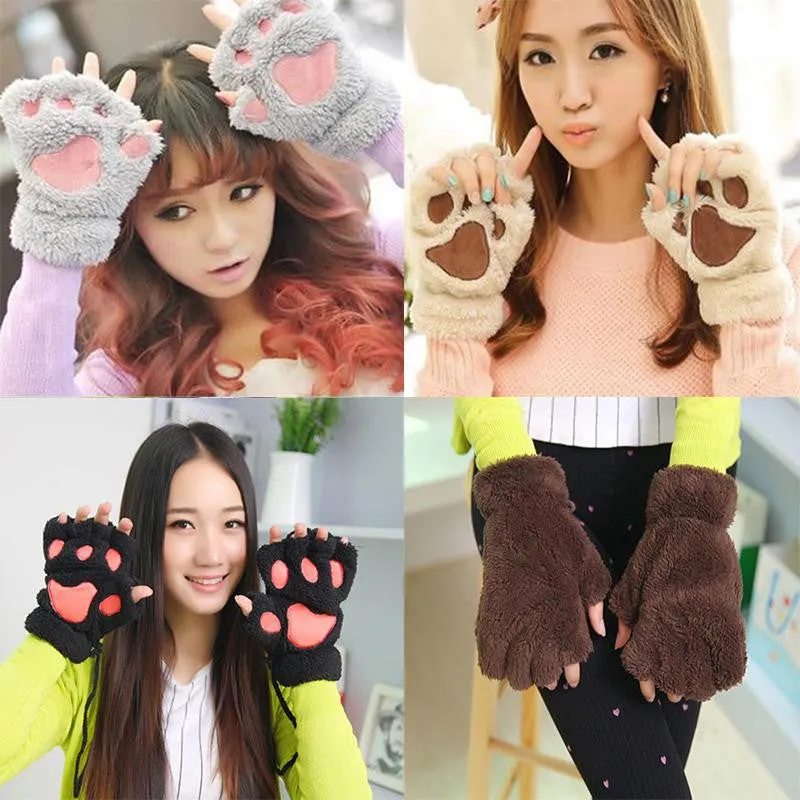 Unique Cute Soft Warm Paw Gloves Fingerless Fluffy Bear Plush Paw WOMEN ACCESSORIES SM6