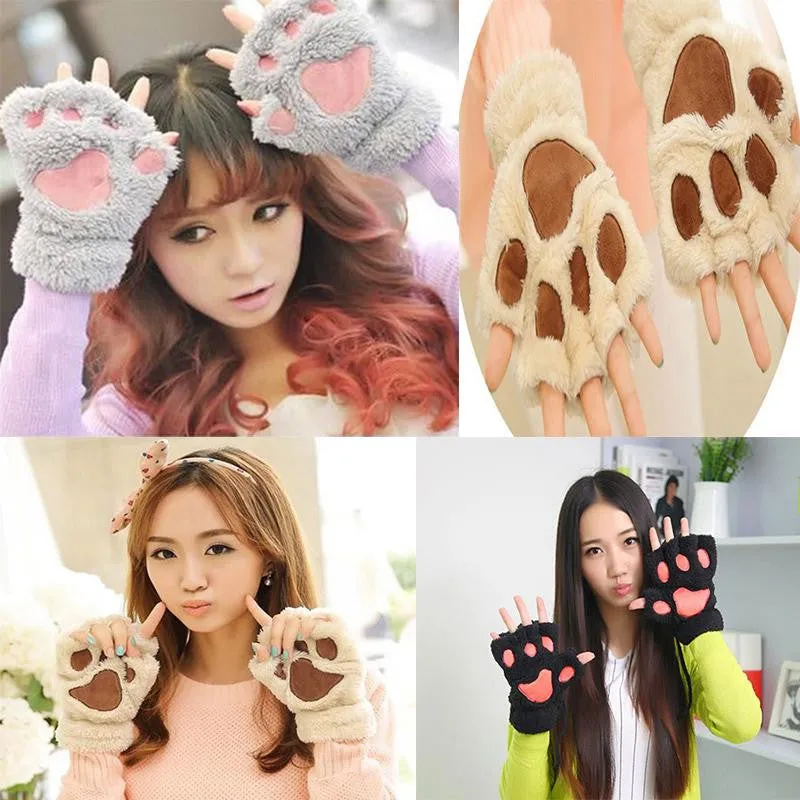 Unique Cute Soft Warm Paw Gloves Fingerless Fluffy Bear Plush Paw WOMEN ACCESSORIES SM6