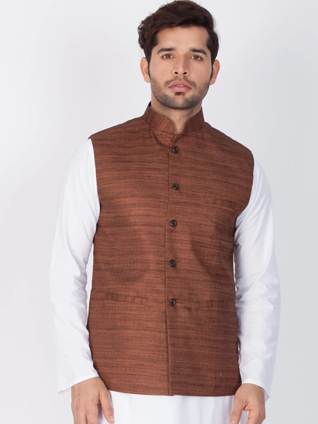 VASTRAMAY Men's Brown Cotton Blend Ethnic Jacket