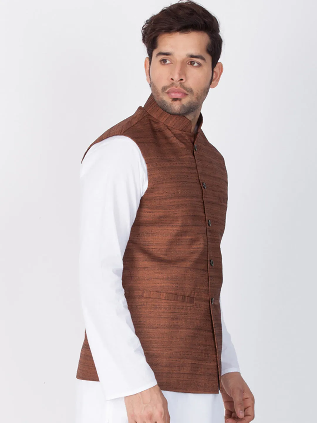 VASTRAMAY Men's Brown Cotton Blend Ethnic Jacket