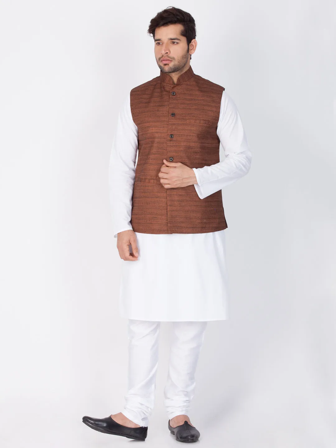 VASTRAMAY Men's Brown Cotton Blend Ethnic Jacket