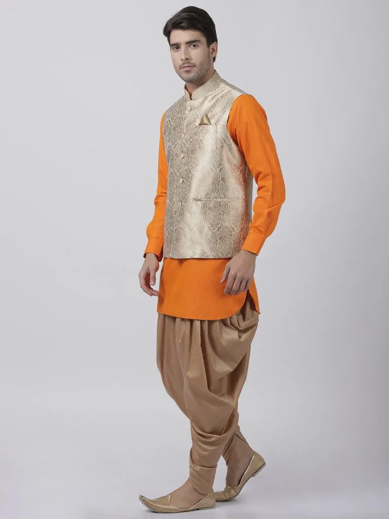 VASTRAMAY Men's Orange Cotton Silk Blend Ethnic Jacket, Kurta and Dhoti Pant Set