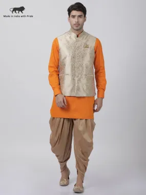 VASTRAMAY Men's Orange Cotton Silk Blend Ethnic Jacket, Kurta and Dhoti Pant Set