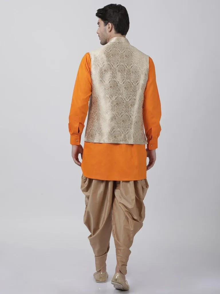 VASTRAMAY Men's Orange Cotton Silk Blend Ethnic Jacket, Kurta and Dhoti Pant Set