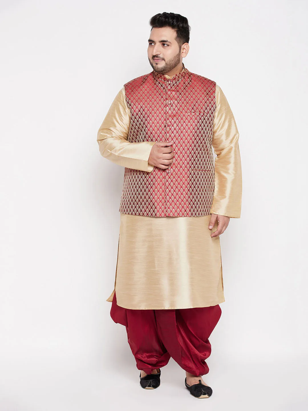 VASTRAMAY PLUS Men's Maroon Nehru Jacket With Gold Kurta And Maroon Dhoti Set