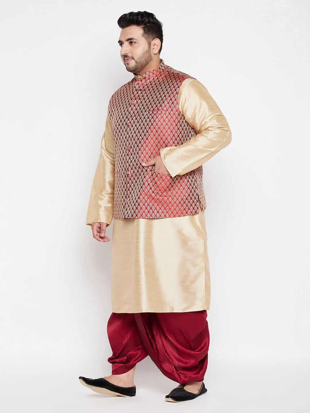 VASTRAMAY PLUS Men's Maroon Nehru Jacket With Gold Kurta And Maroon Dhoti Set