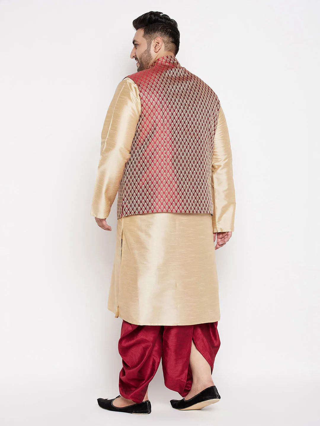 VASTRAMAY PLUS Men's Maroon Nehru Jacket With Gold Kurta And Maroon Dhoti Set