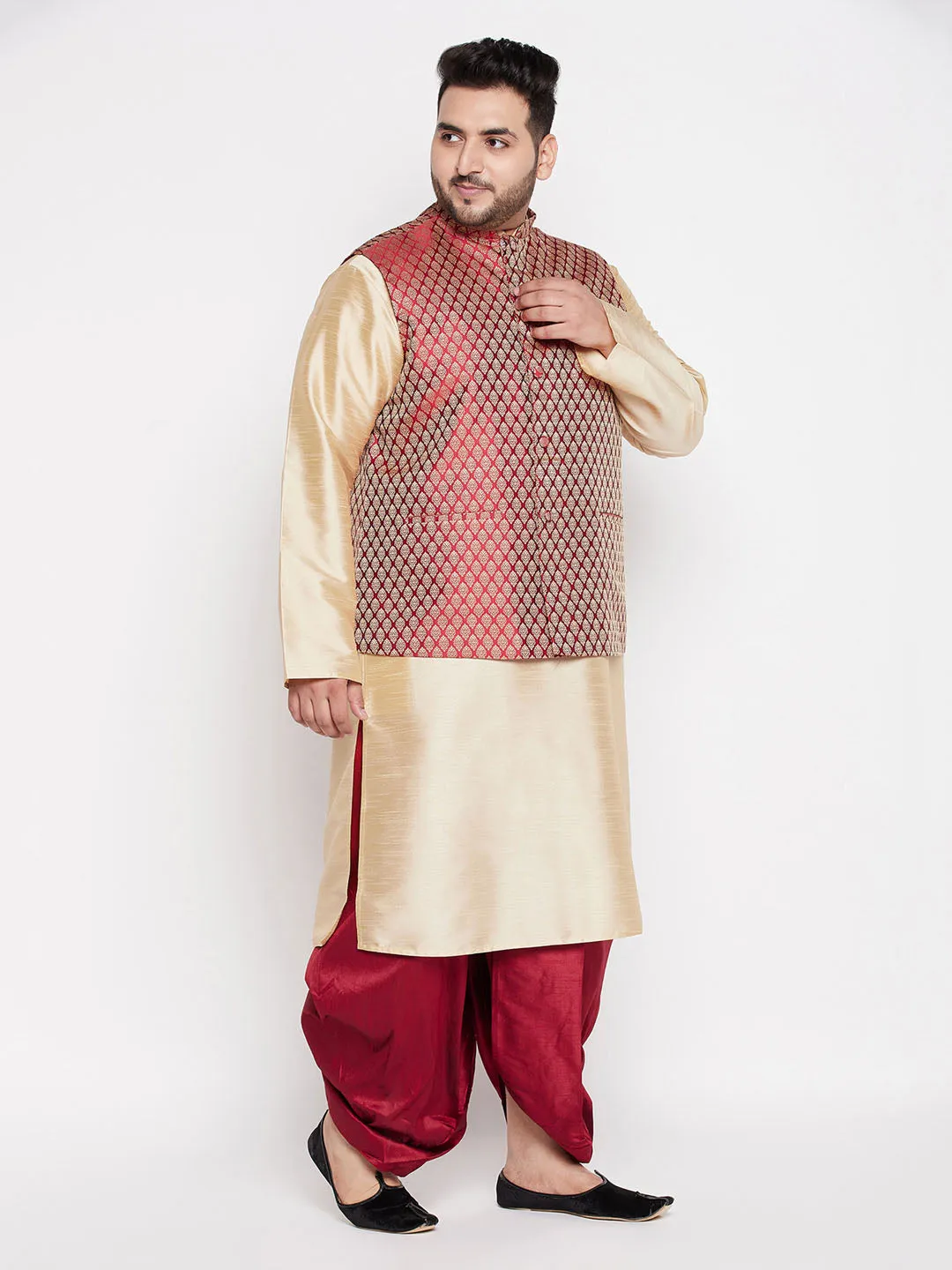 VASTRAMAY PLUS Men's Maroon Nehru Jacket With Gold Kurta And Maroon Dhoti Set