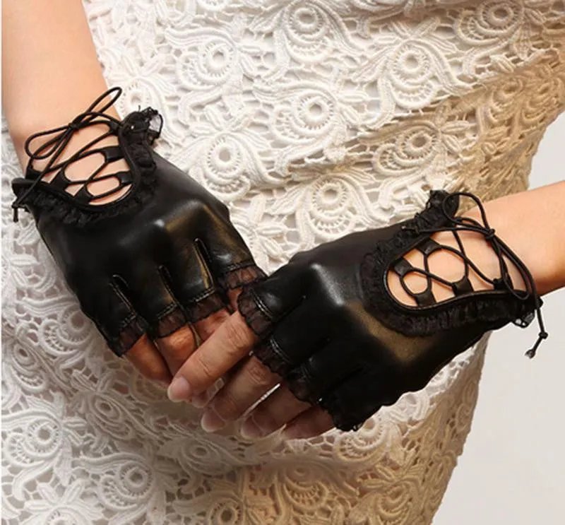 Women Faux Leather Black Gloves Half Finger Gloves Creative Women PU Leather Lace Dance Mittens SM6