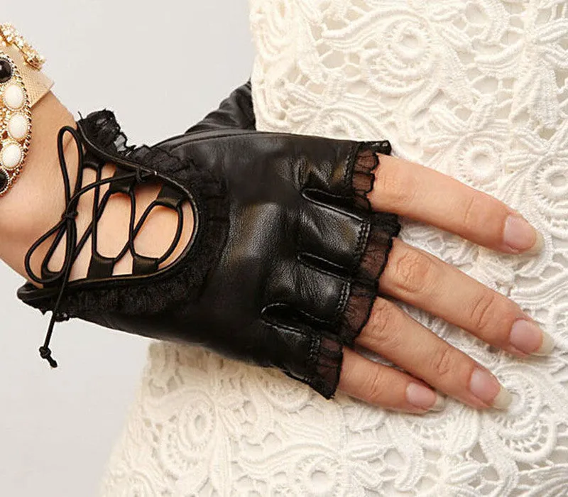 Women Faux Leather Black Gloves Half Finger Gloves Creative Women PU Leather Lace Dance Mittens SM6