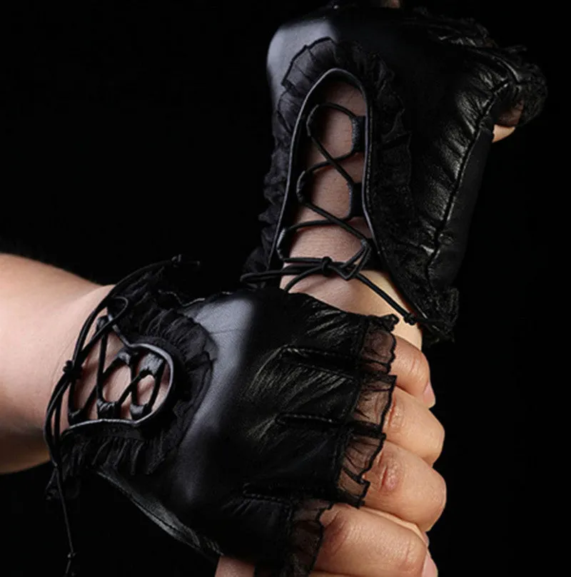 Women Faux Leather Black Gloves Half Finger Gloves Creative Women PU Leather Lace Dance Mittens SM6