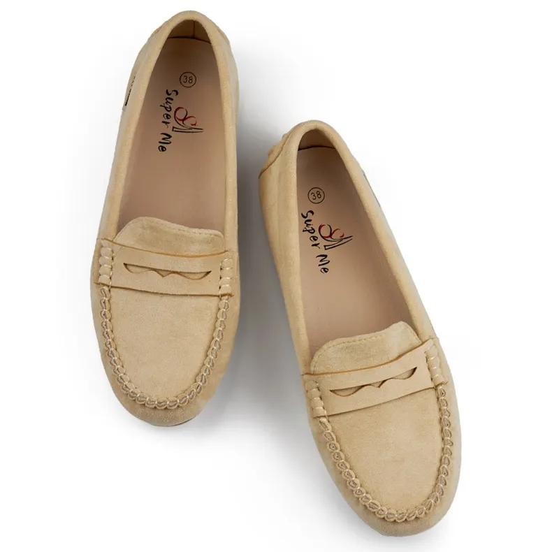 Women's beige suede moccasins, comfortable moccasins