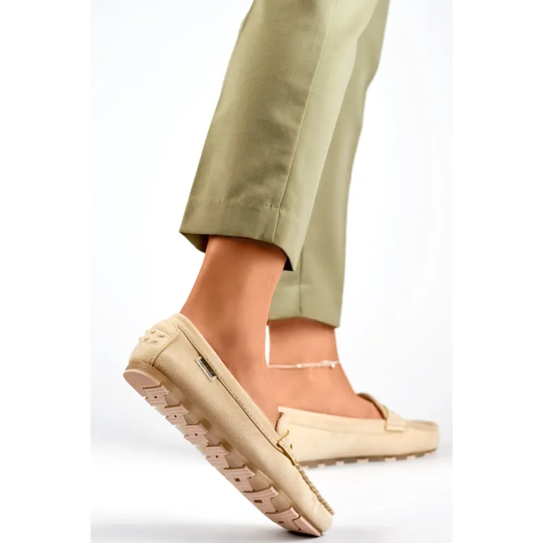 Women's beige suede moccasins, comfortable moccasins